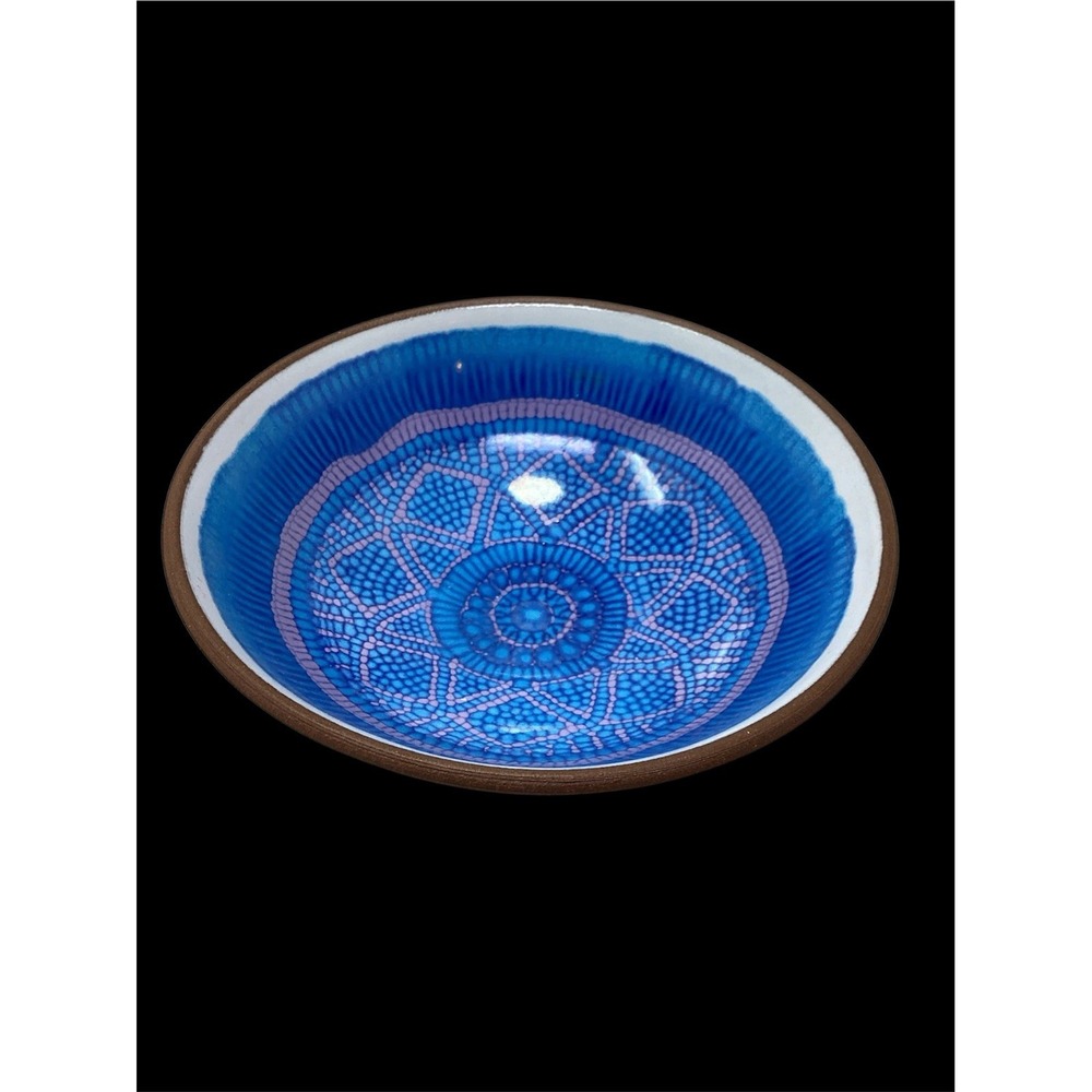 Terra Cotta Folk Art Pottery Bowl Blue Purple Mandala Hand Painted Artist Hammet
